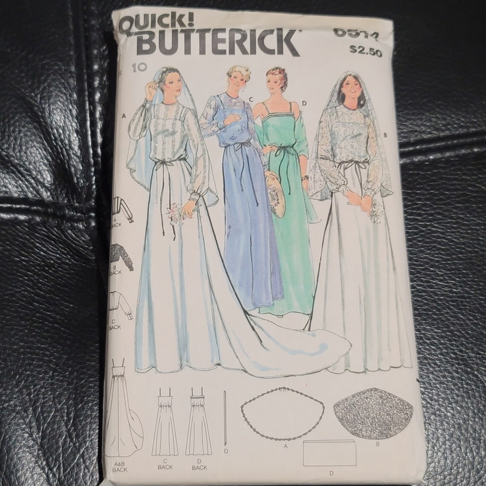 Vintage Butterick 6514 Bridal Gown Veil Sewing Pattern Size 10 Uncut 1970s